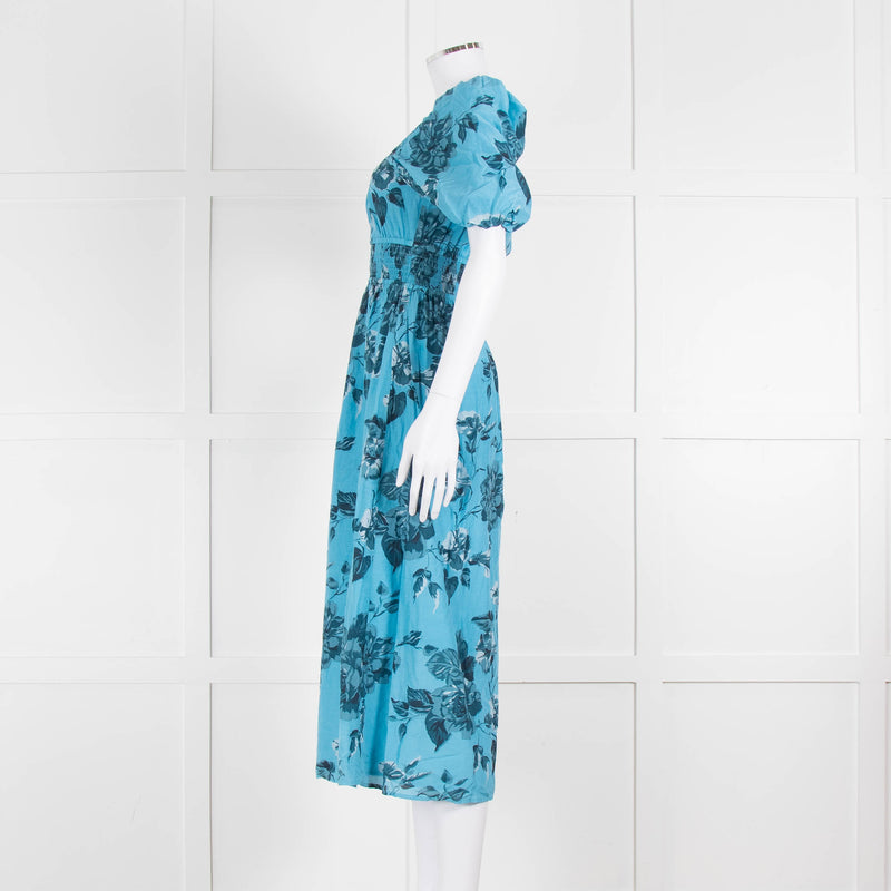 Faithfull The Brand Blue Floral Puff Sleeve Midi Dress
