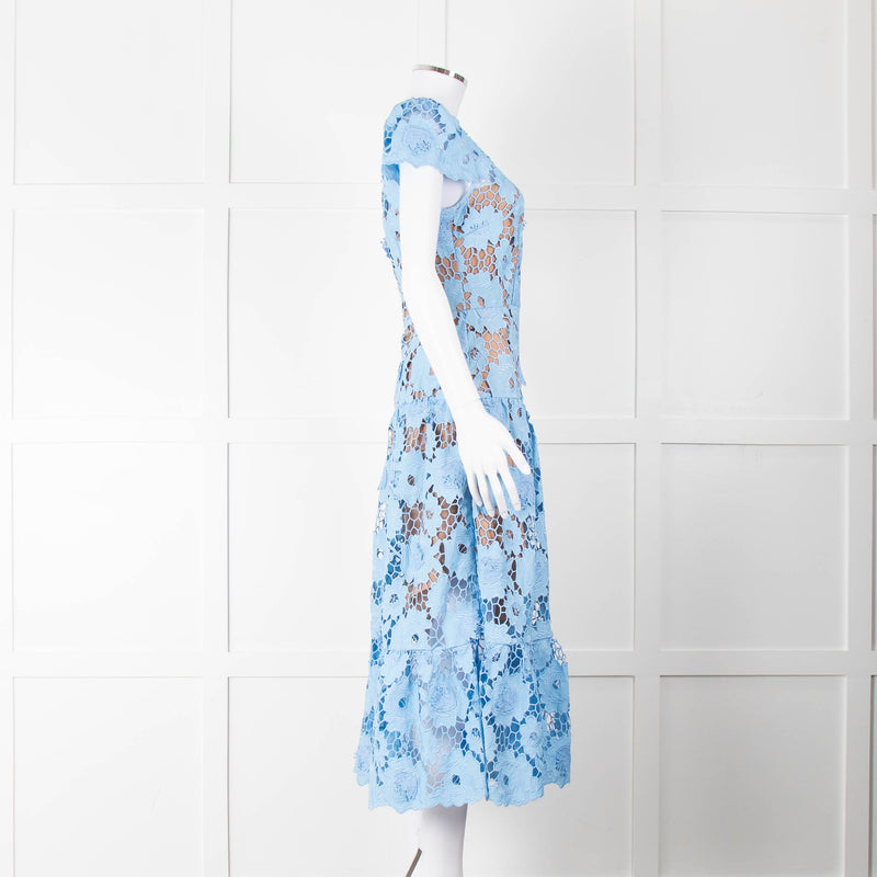 Self-Portrait Blue Emboidered Lace Short Sleeve Midi Dress
