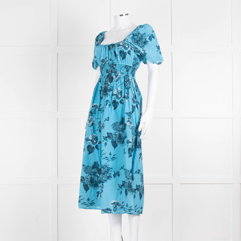 Faithfull The Brand Blue Floral Puff Sleeve Midi Dress