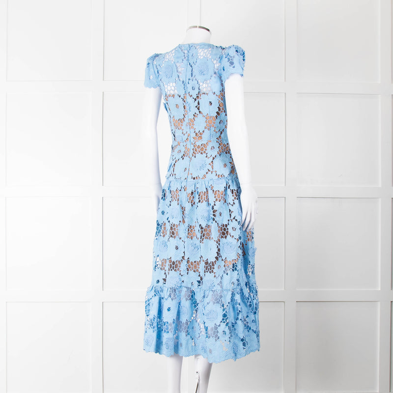 Self-Portrait Blue Emboidered Lace Short Sleeve Midi Dress