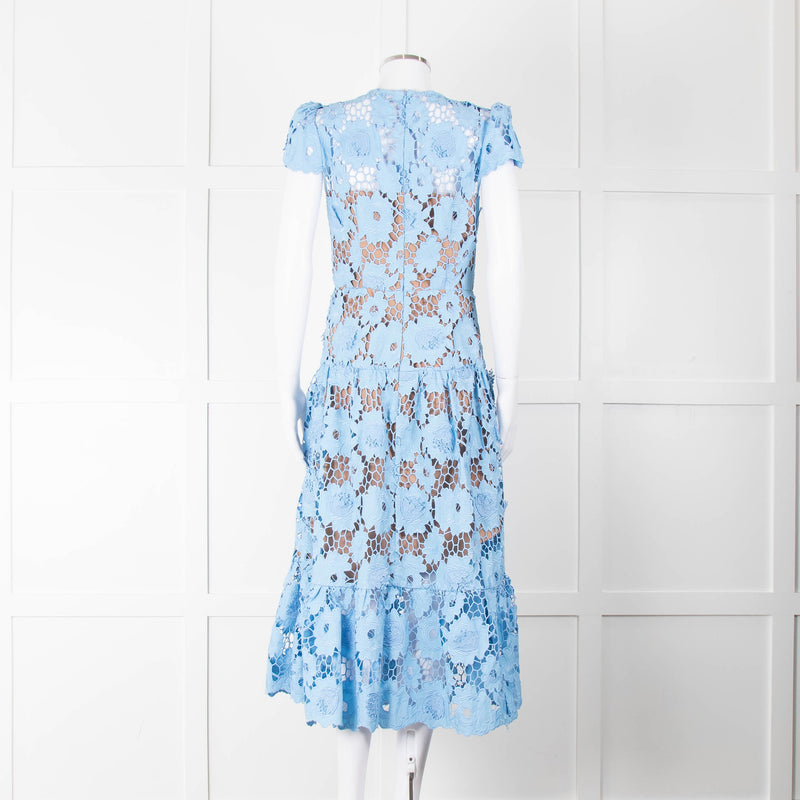 Self-Portrait Blue Emboidered Lace Short Sleeve Midi Dress