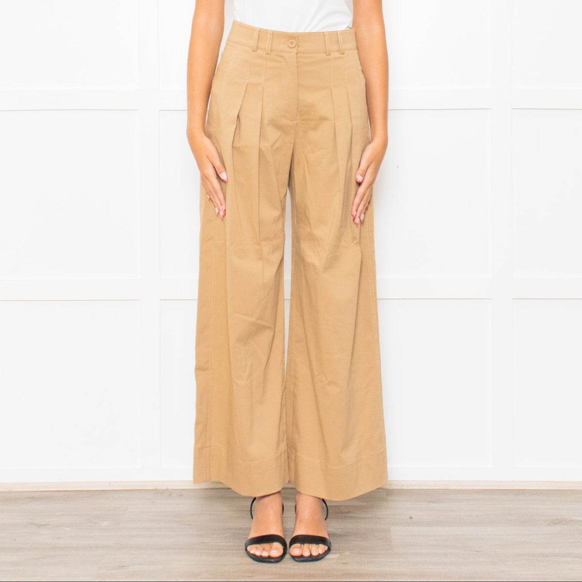 Me + Em Beige Front Pleats Wide Leg Trousers