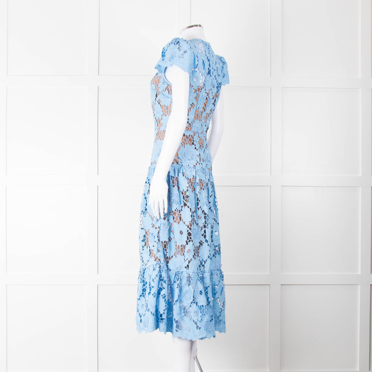 Self-Portrait Blue Emboidered Lace Short Sleeve Midi Dress