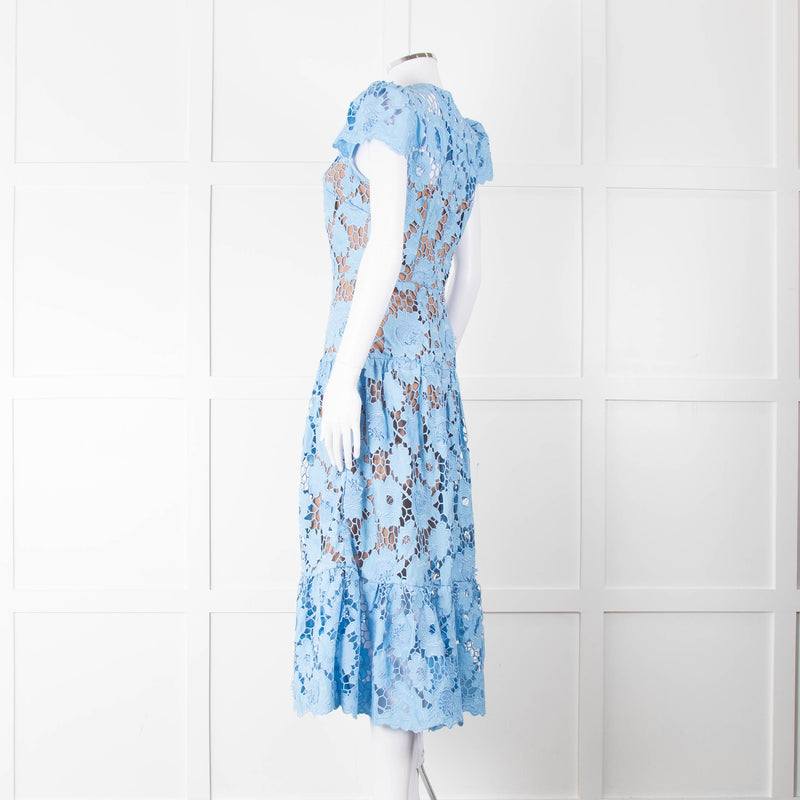 Self-Portrait Blue Emboidered Lace Short Sleeve Midi Dress