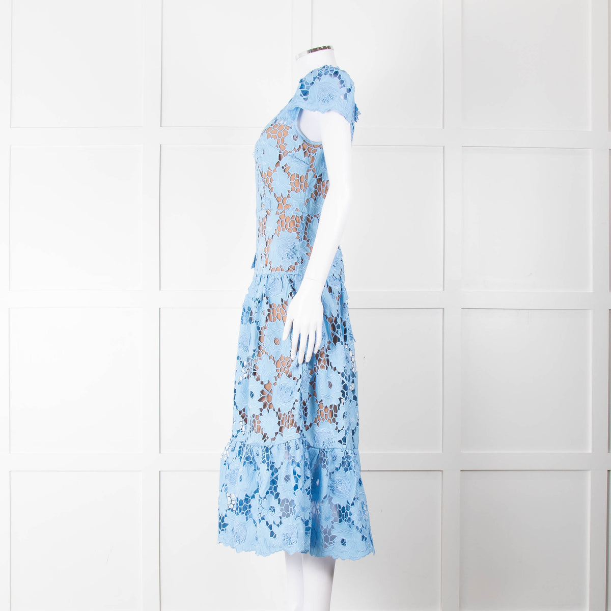 Self-Portrait Blue Emboidered Lace Short Sleeve Midi Dress