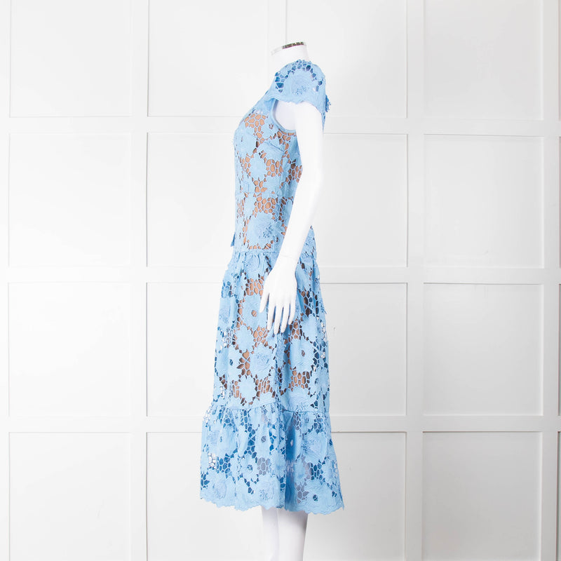 Self-Portrait Blue Emboidered Lace Short Sleeve Midi Dress