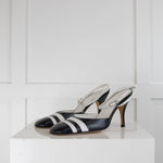 Chanel Blue With White Stripe Cross Ankle Sling  Back