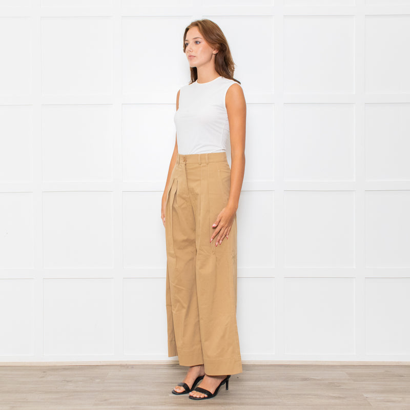 Me + Em Beige Front Pleats Wide Leg Trousers