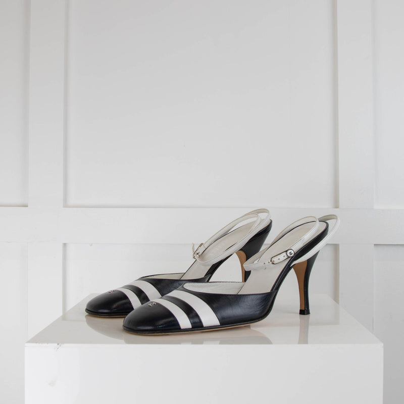 Chanel Blue With White Stripe Cross Ankle Sling  Back