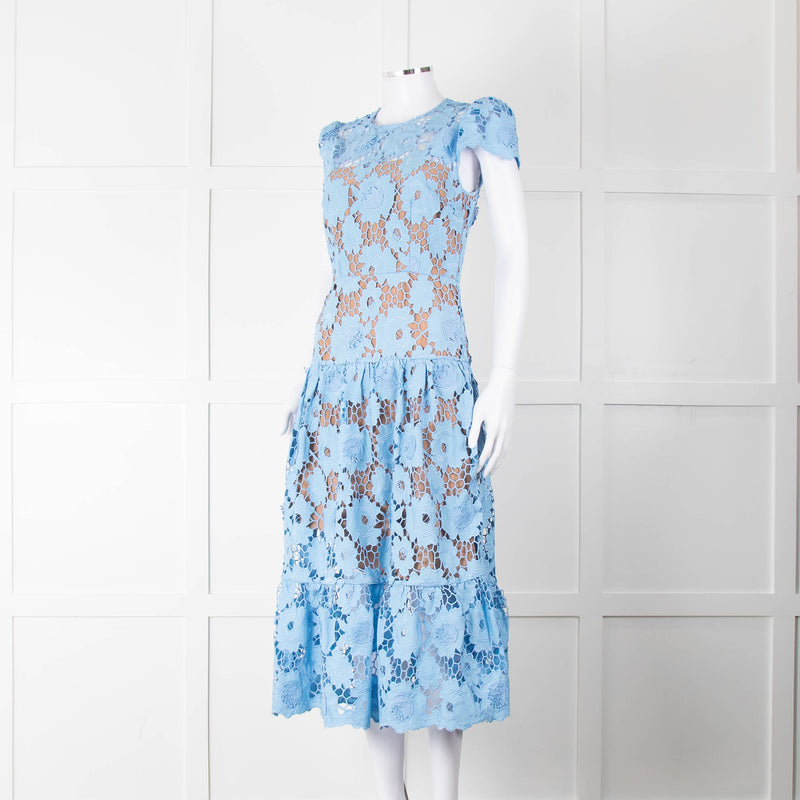 Self-Portrait Blue Emboidered Lace Short Sleeve Midi Dress
