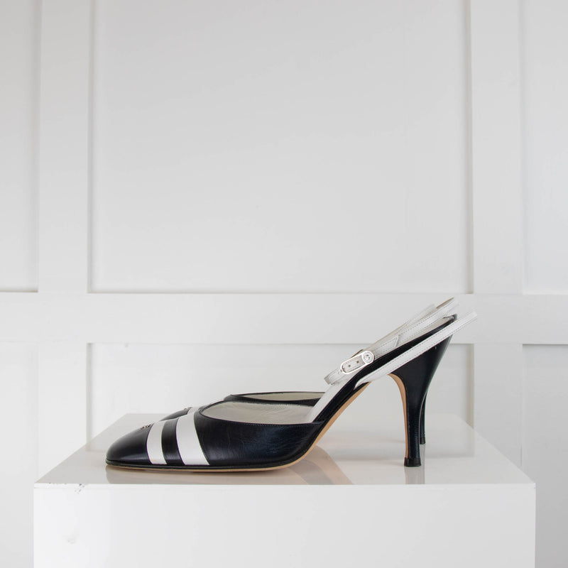 Chanel Blue With White Stripe Cross Ankle Sling  Back