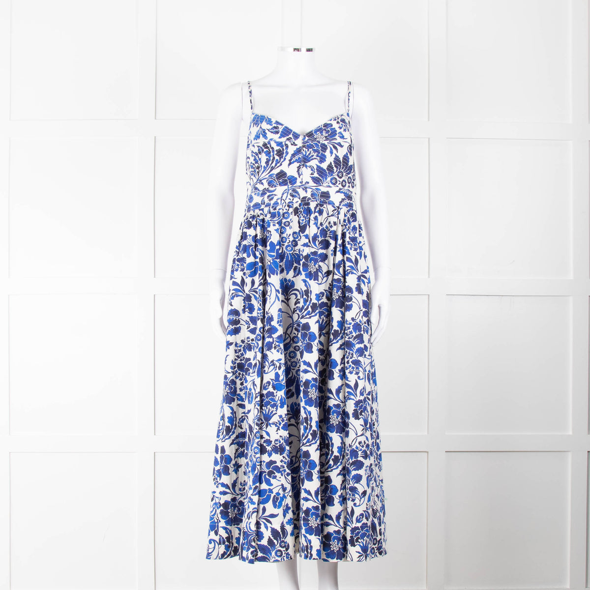 La Ligne White Blue Floral Sleeveless Cotton Midi Dress