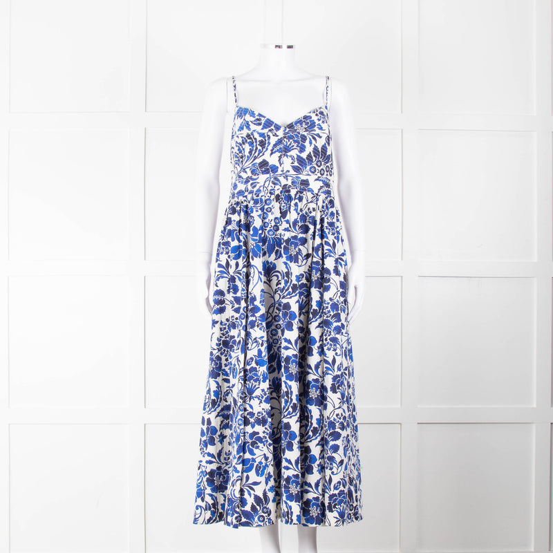 La Ligne White Blue Floral Sleeveless Cotton Midi Dress