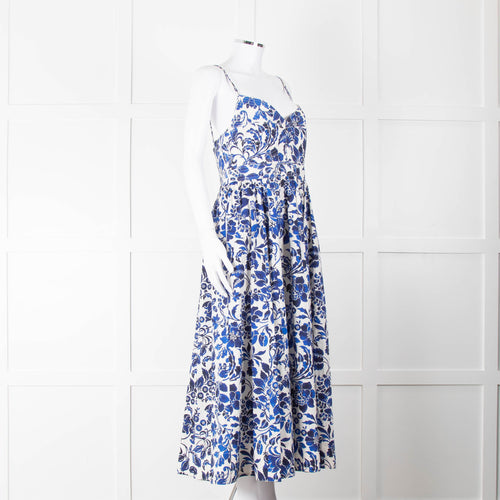 La Ligne White Blue Floral Sleeveless Cotton Midi Dress