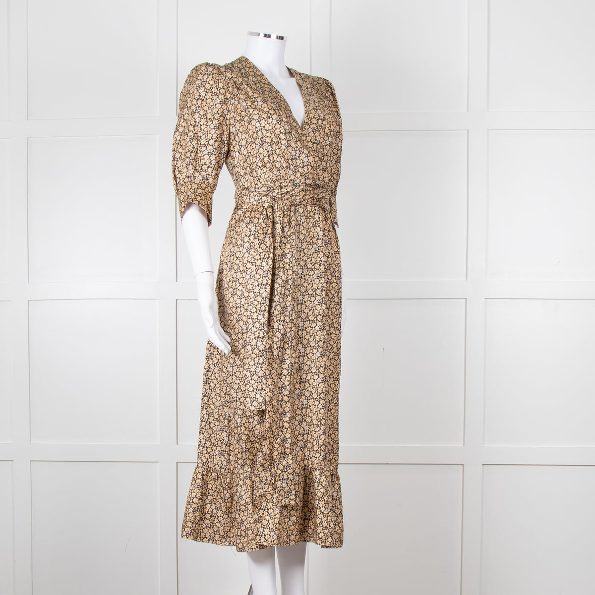 Sandro Black Tan Floral Puff Sleeve Midi Dress