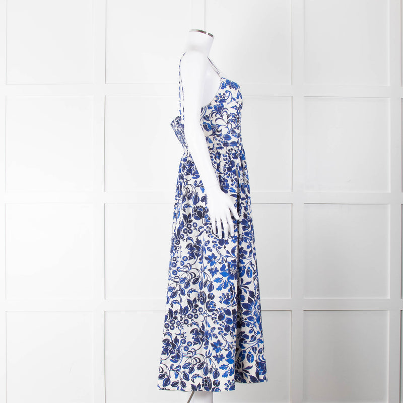 La Ligne White Blue Floral Sleeveless Cotton Midi Dress