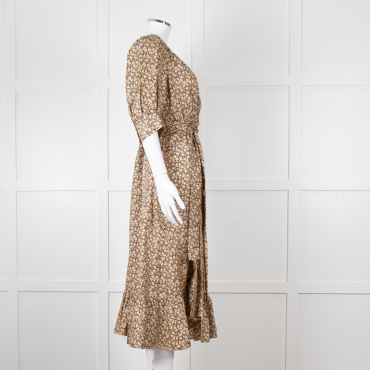 Sandro Black Tan Floral Puff Sleeve Midi Dress