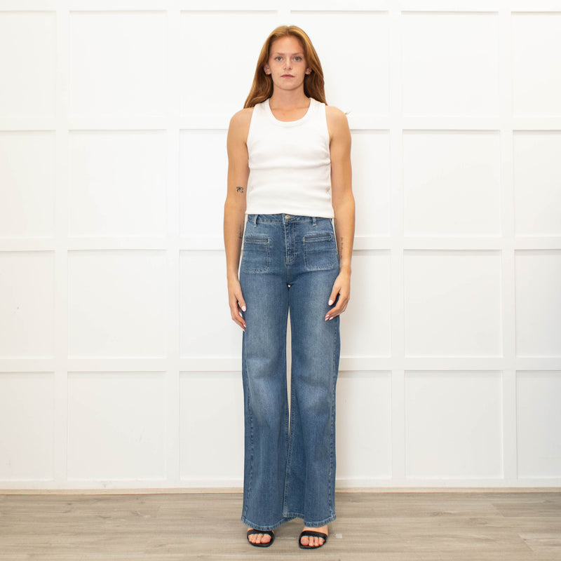 IDA Blue Front Pocket Detailing Wide Leg Jeans