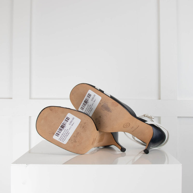 Chanel Blue With White Stripe Cross Ankle Sling  Back
