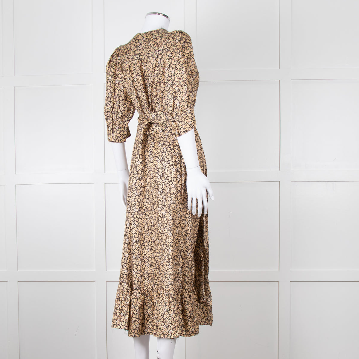 Sandro Black Tan Floral Puff Sleeve Midi Dress