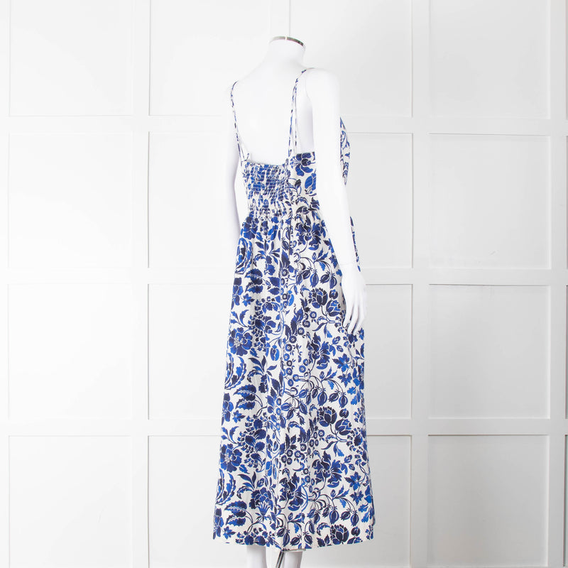 La Ligne White Blue Floral Sleeveless Cotton Midi Dress