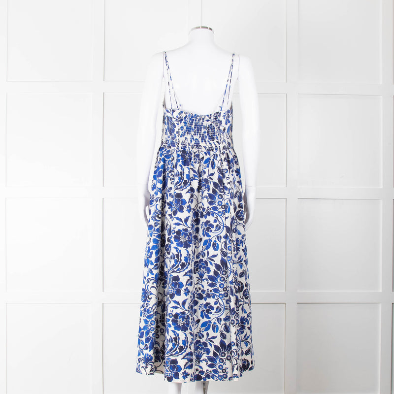 La Ligne White Blue Floral Sleeveless Cotton Midi Dress