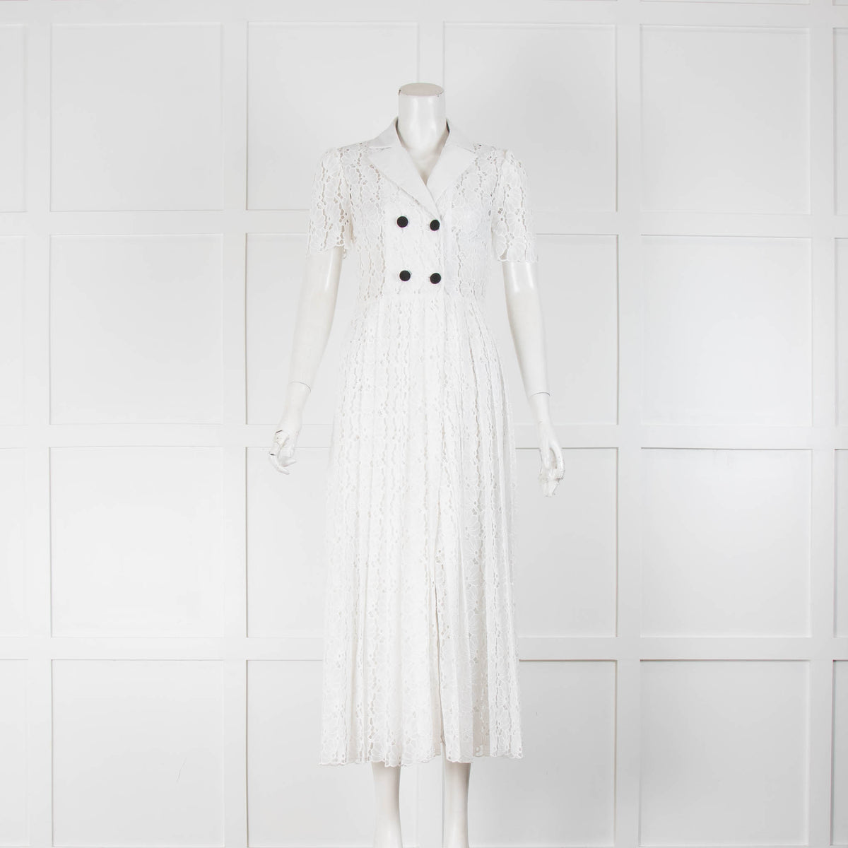 Self Portrait White Embroidered Black Button Pleated Short Sleeve Dress