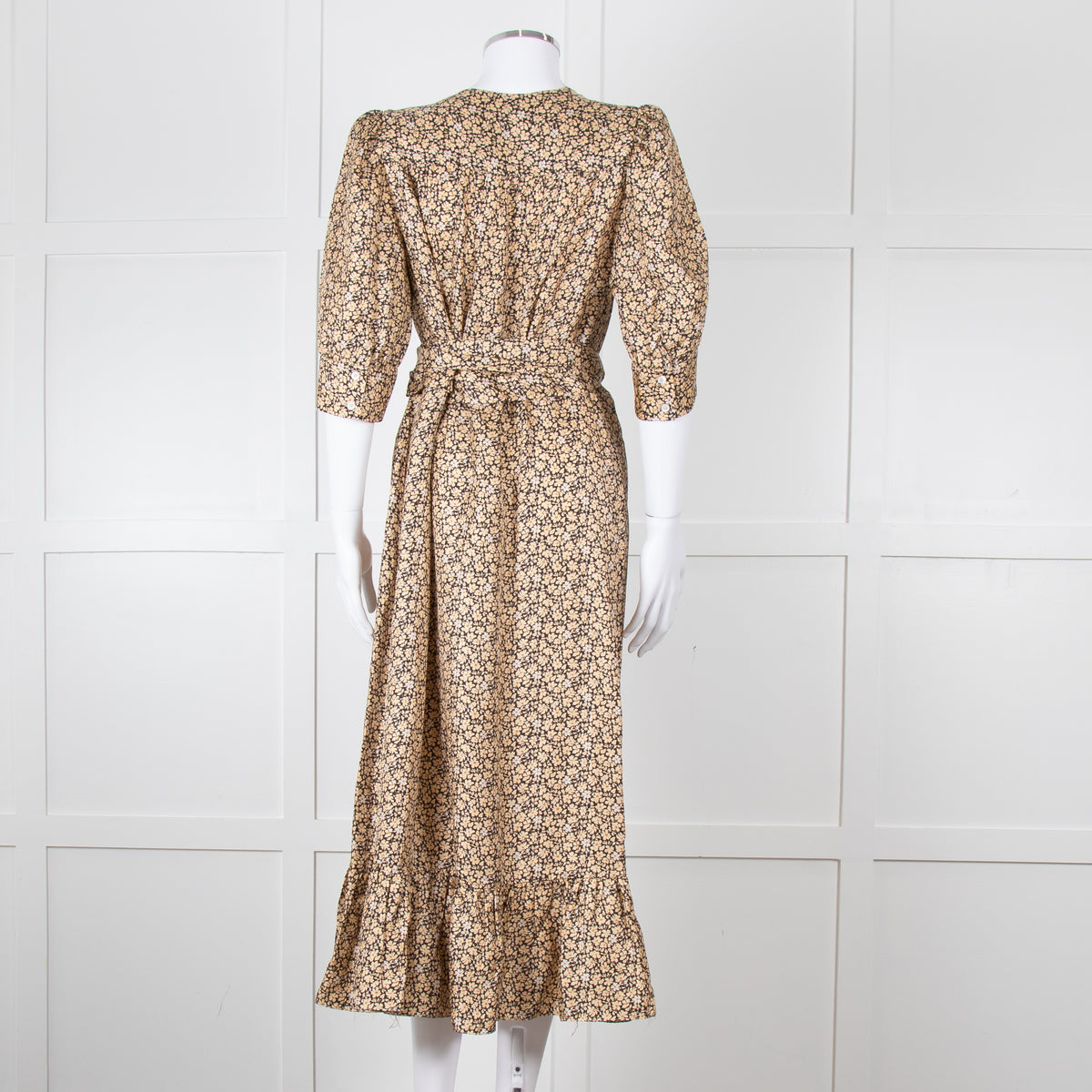Sandro Black Tan Floral Puff Sleeve Midi Dress