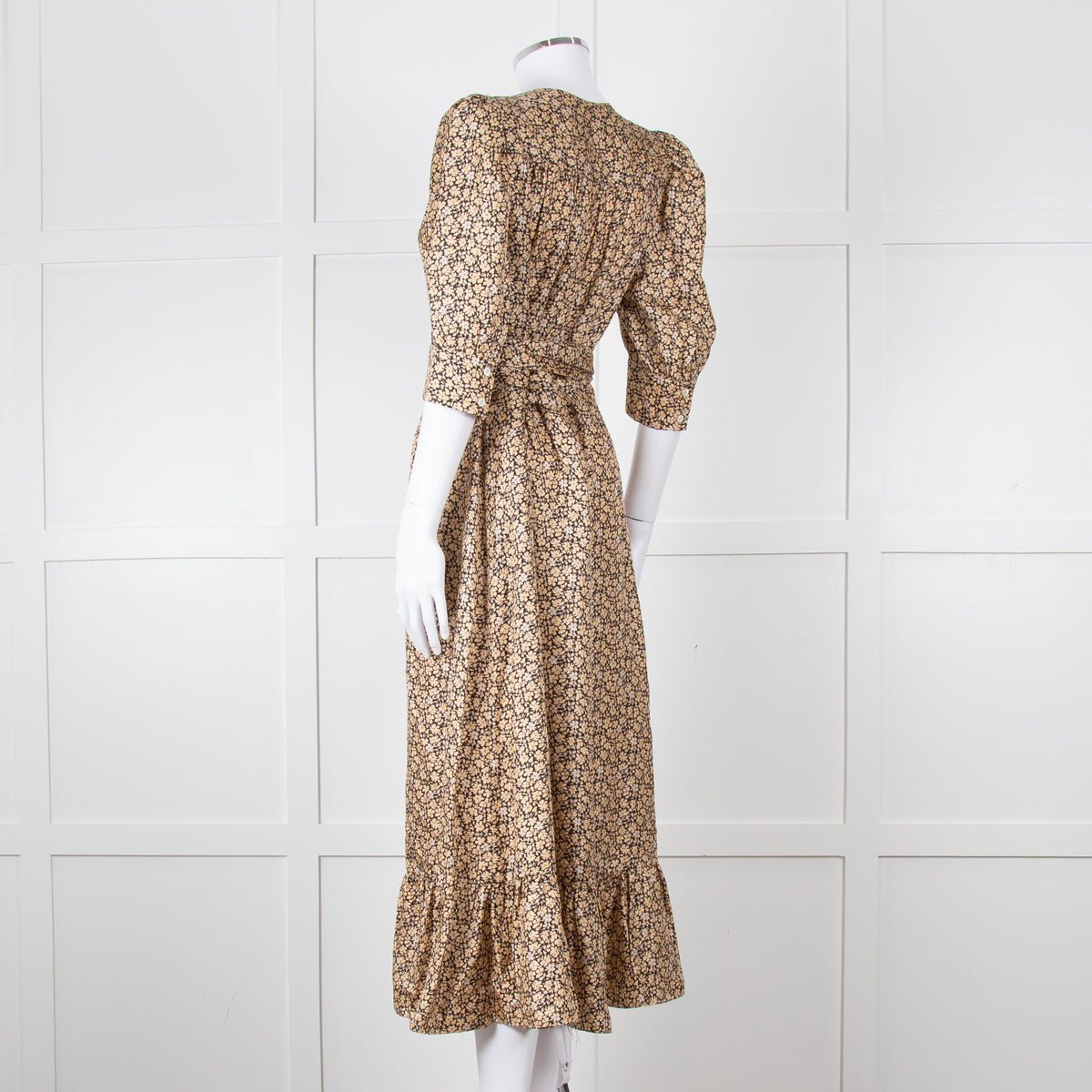 Sandro Black Tan Floral Puff Sleeve Midi Dress