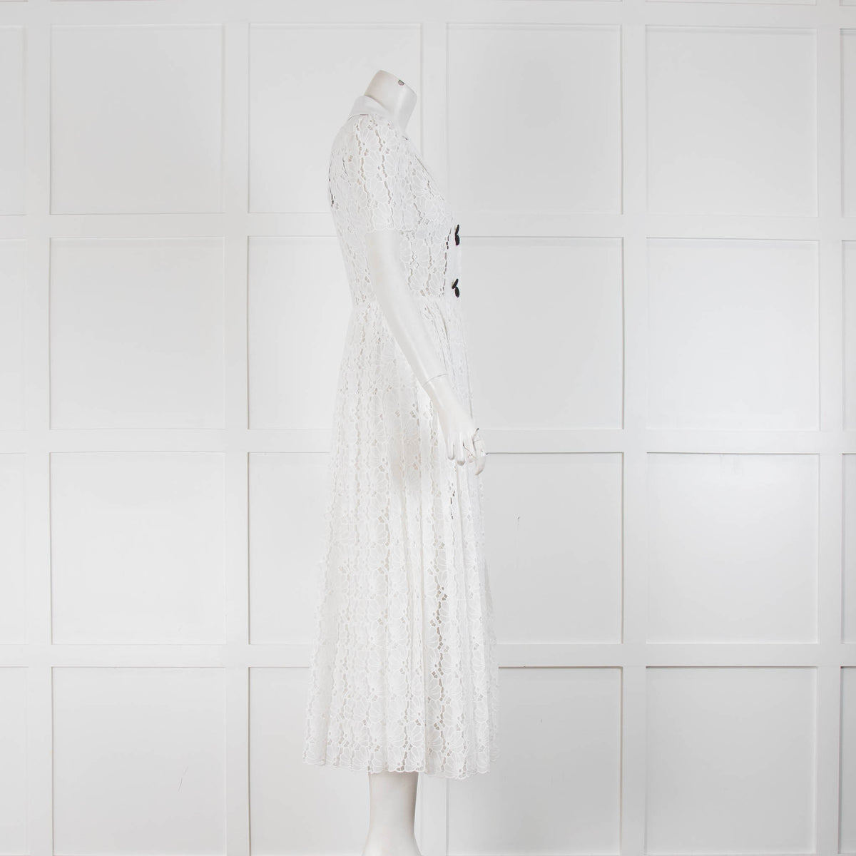Self Portrait White Embroidered Black Button Pleated Short Sleeve Dress