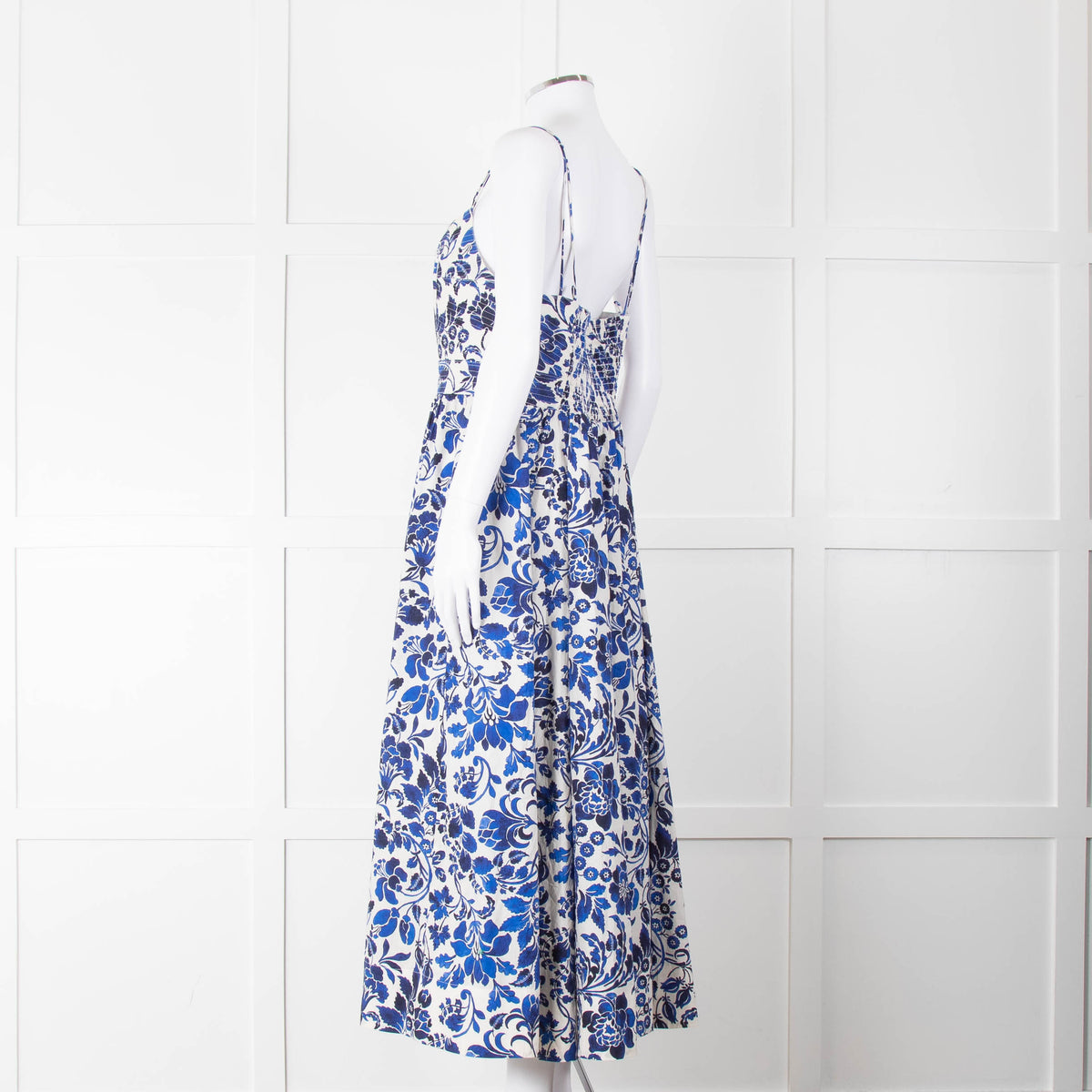 La Ligne White Blue Floral Sleeveless Cotton Midi Dress