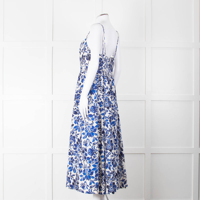 La Ligne White Blue Floral Sleeveless Cotton Midi Dress