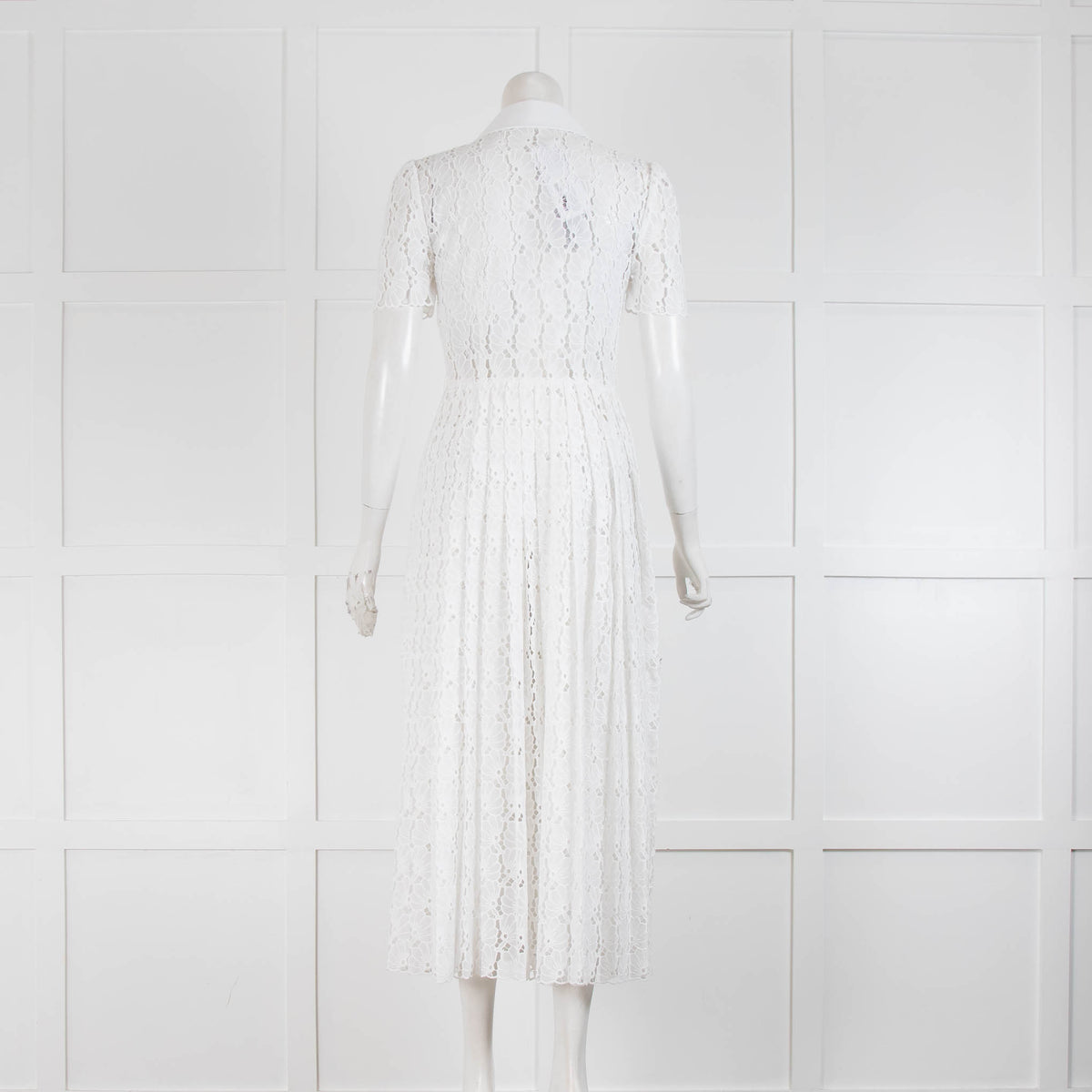 Self Portrait White Embroidered Black Button Pleated Short Sleeve Dress