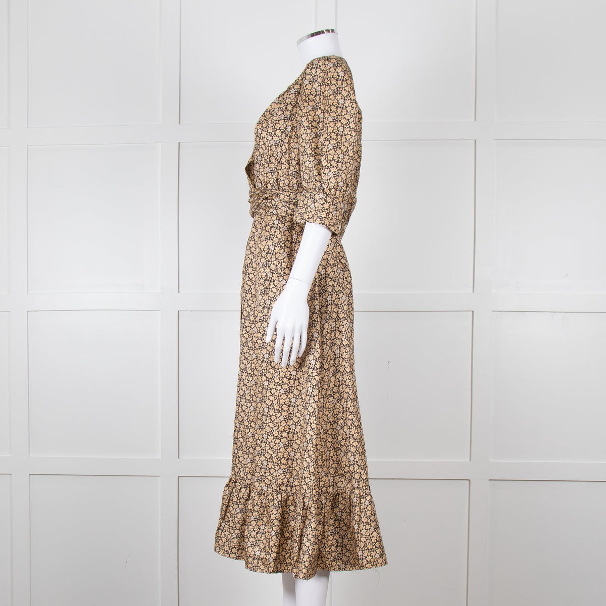 Sandro Black Tan Floral Puff Sleeve Midi Dress
