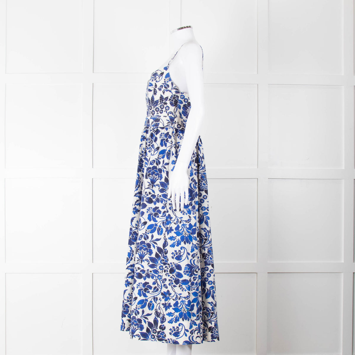 La Ligne White Blue Floral Sleeveless Cotton Midi Dress
