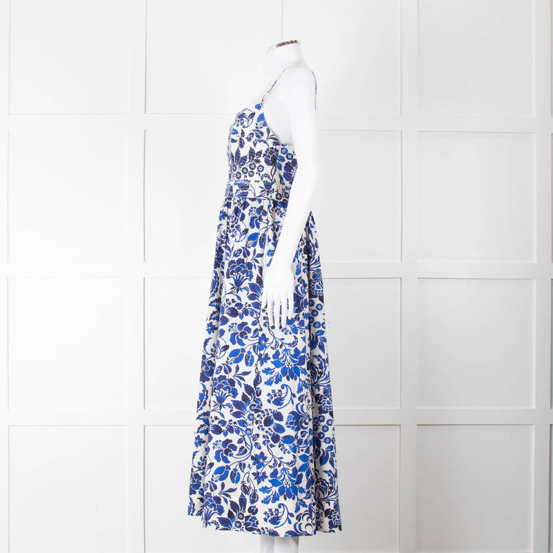 La Ligne White Blue Floral Sleeveless Cotton Midi Dress