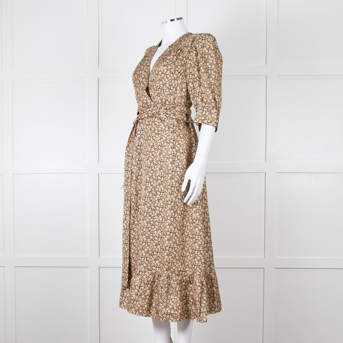 Sandro Black Tan Floral Puff Sleeve Midi Dress