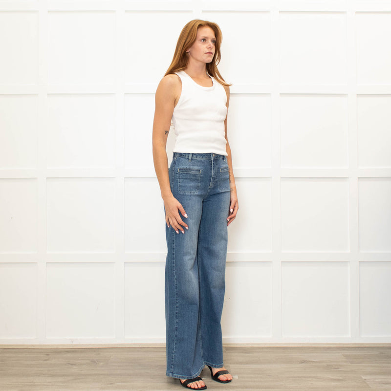 IDA Blue Front Pocket Detailing Wide Leg Jeans