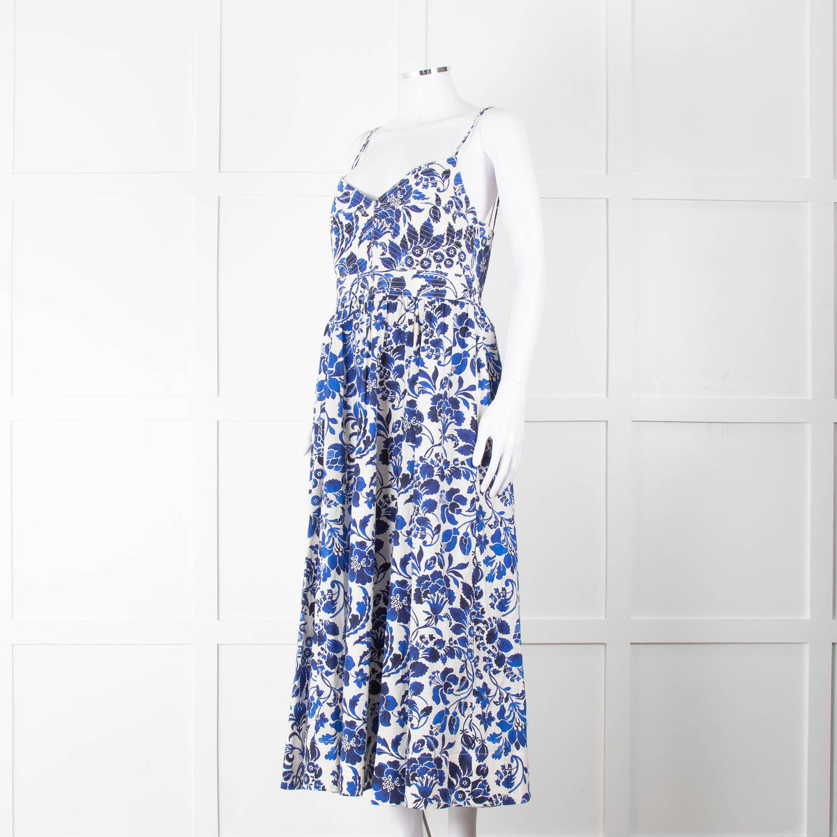 La Ligne White Blue Floral Sleeveless Cotton Midi Dress