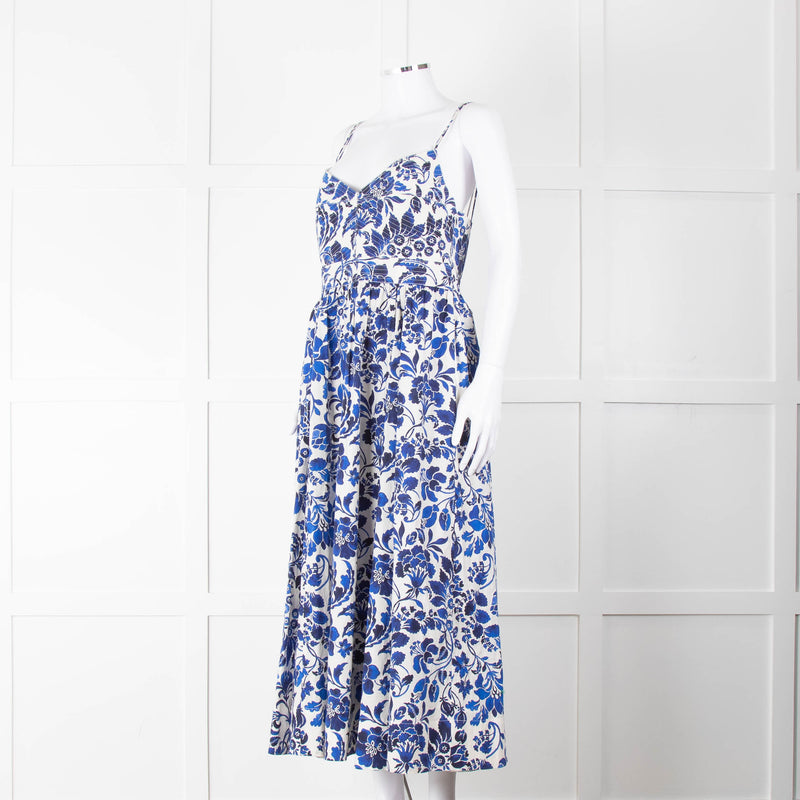 La Ligne White Blue Floral Sleeveless Cotton Midi Dress