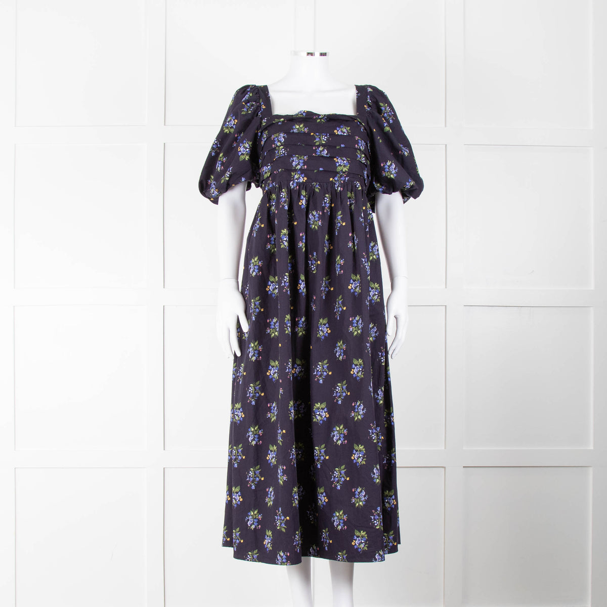 Nobody's Child Navy Purple Floral Puffed Sleeves Midi Cotton Dress