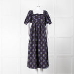Nobody's Child Navy Purple Floral Puffed Sleeves Midi Cotton Dress