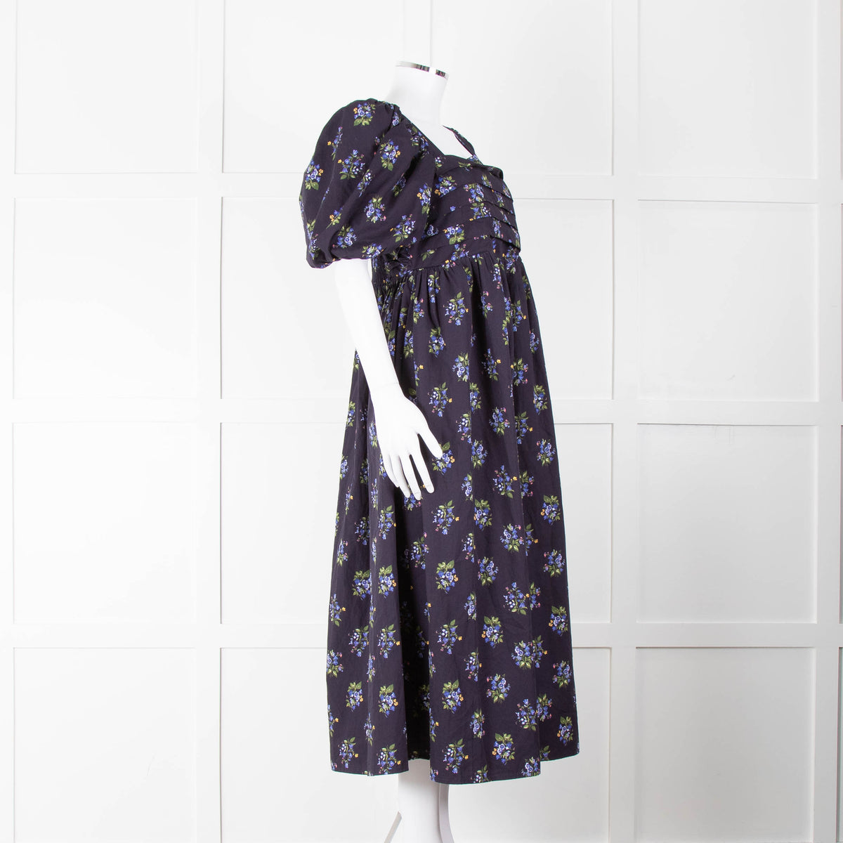 Nobody's Child Navy Purple Floral Puffed Sleeves Midi Cotton Dress