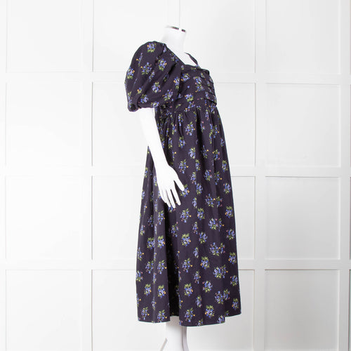 Nobody's Child Navy Purple Floral Puffed Sleeves Midi Cotton Dress