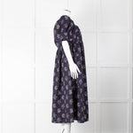 Nobody's Child Navy Purple Floral Puffed Sleeves Midi Cotton Dress