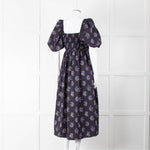 Nobody's Child Navy Purple Floral Puffed Sleeves Midi Cotton Dress