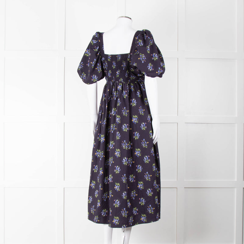Nobody's Child Navy Purple Floral Puffed Sleeves Midi Cotton Dress