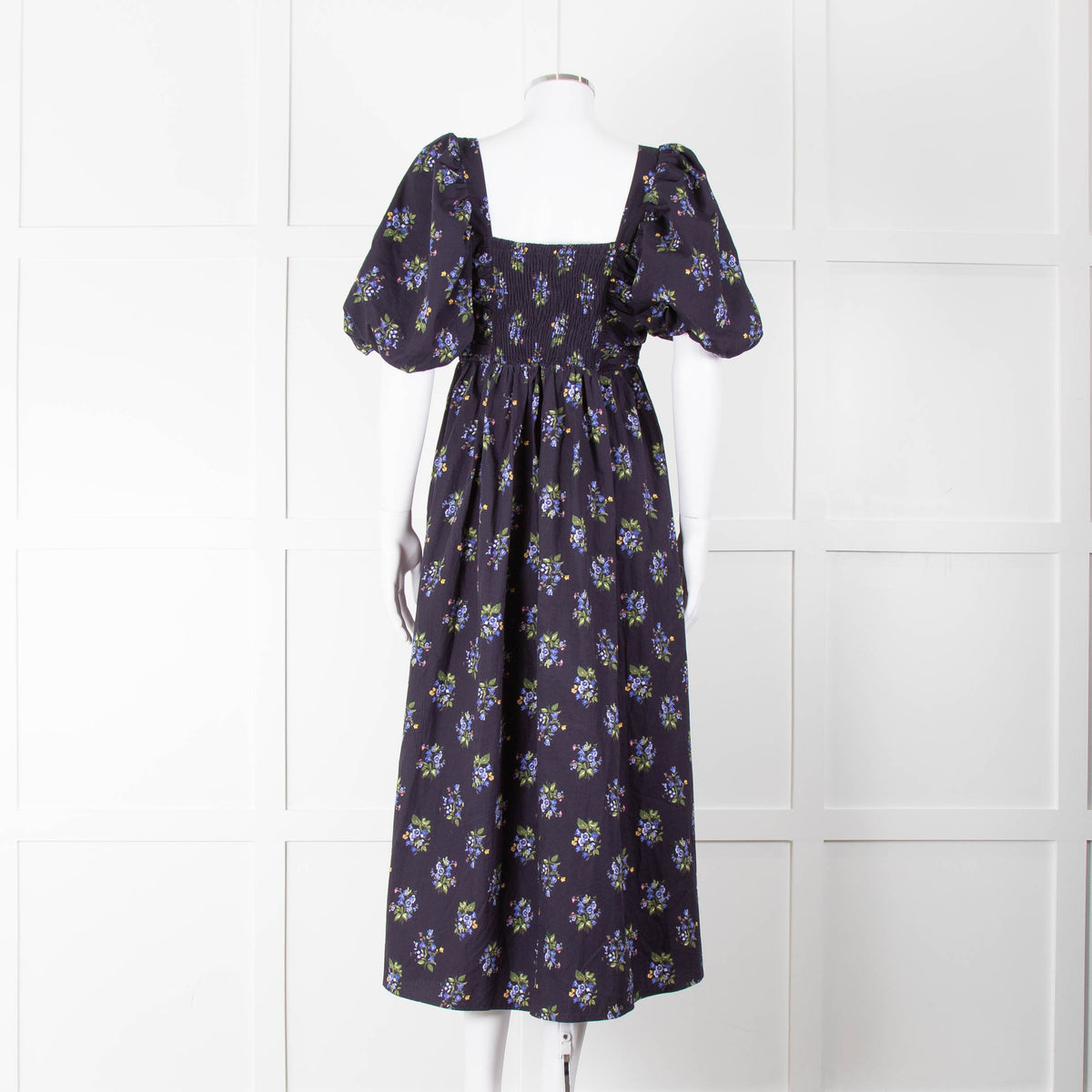 Nobody's Child Navy Purple Floral Puffed Sleeves Midi Cotton Dress
