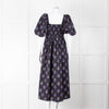Nobody's Child Navy Purple Floral Puffed Sleeves Midi Cotton Dress