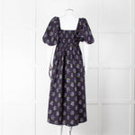 Nobody's Child Navy Purple Floral Puffed Sleeves Midi Cotton Dress